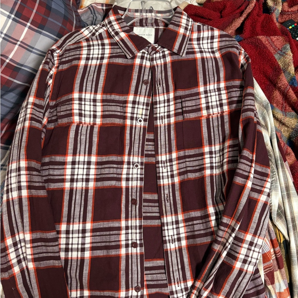 American Eagle Outfitters Maroon and White Plaid Shirt